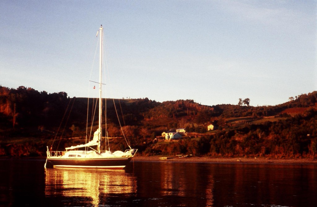 Yarra at Puerto San Pedro, Chiloé, Chili. First sunset in weeks after sailing up the Patagonian Channels.